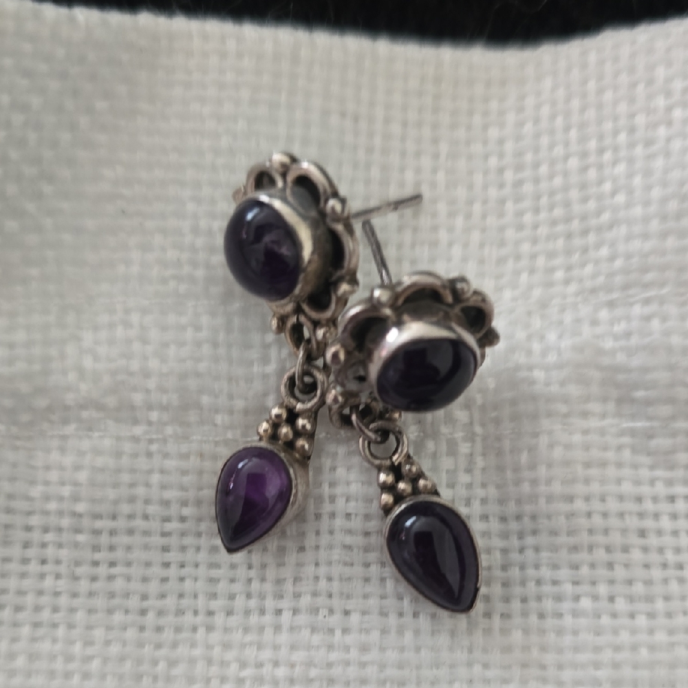 Amethyst And Sterling Drop Earrings 1.5 In